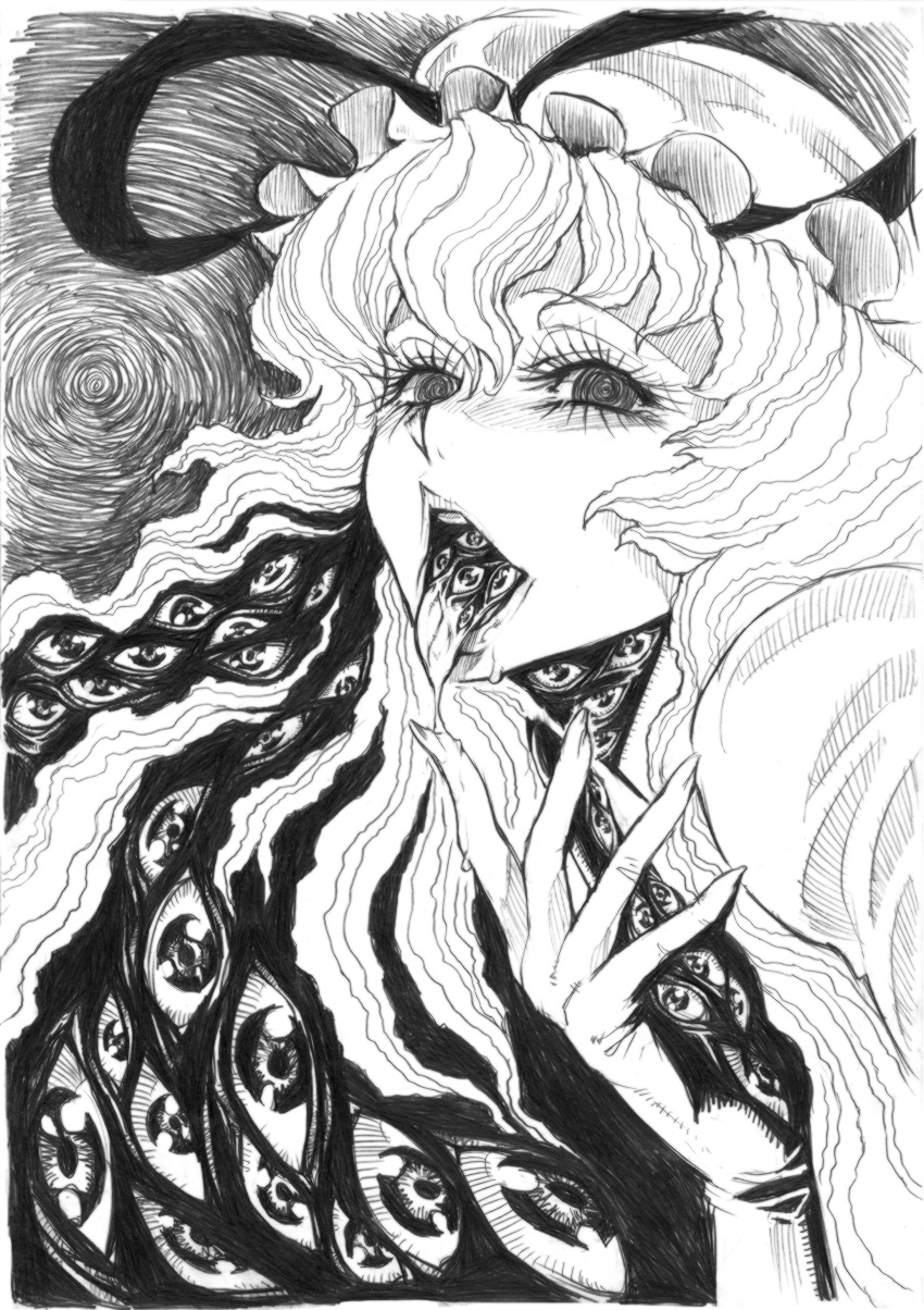 @_@, absurdres, curly_hair, eyelashes, eyes, gap, hat, highres