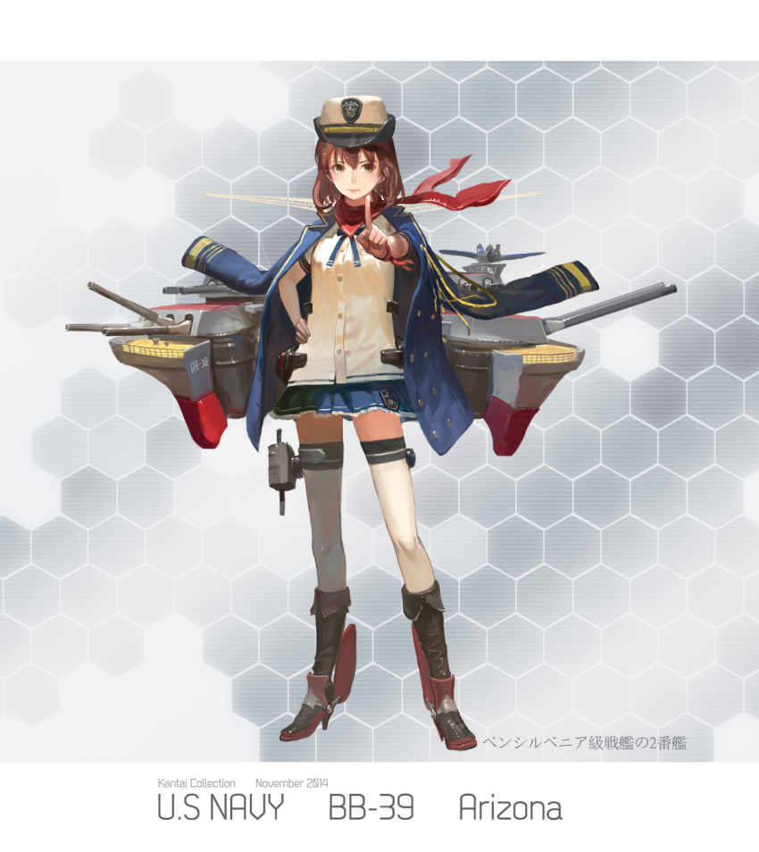 1girl, america, black_boots, blue_skirt, boots, brown_eyes, brown_hair, character_name