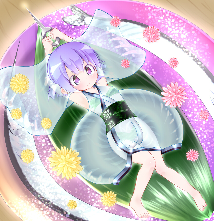 >:), 1girl, alternate_costume, armpits, arms_up, barefoot, blush, detached_sleeves