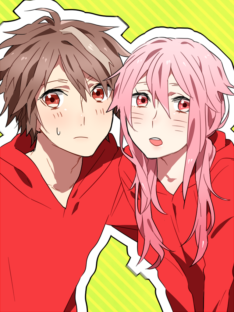 1boy, 1girl, ariilha12, blush, brown_hair, guilty_crown, hair_ornament, hairclip