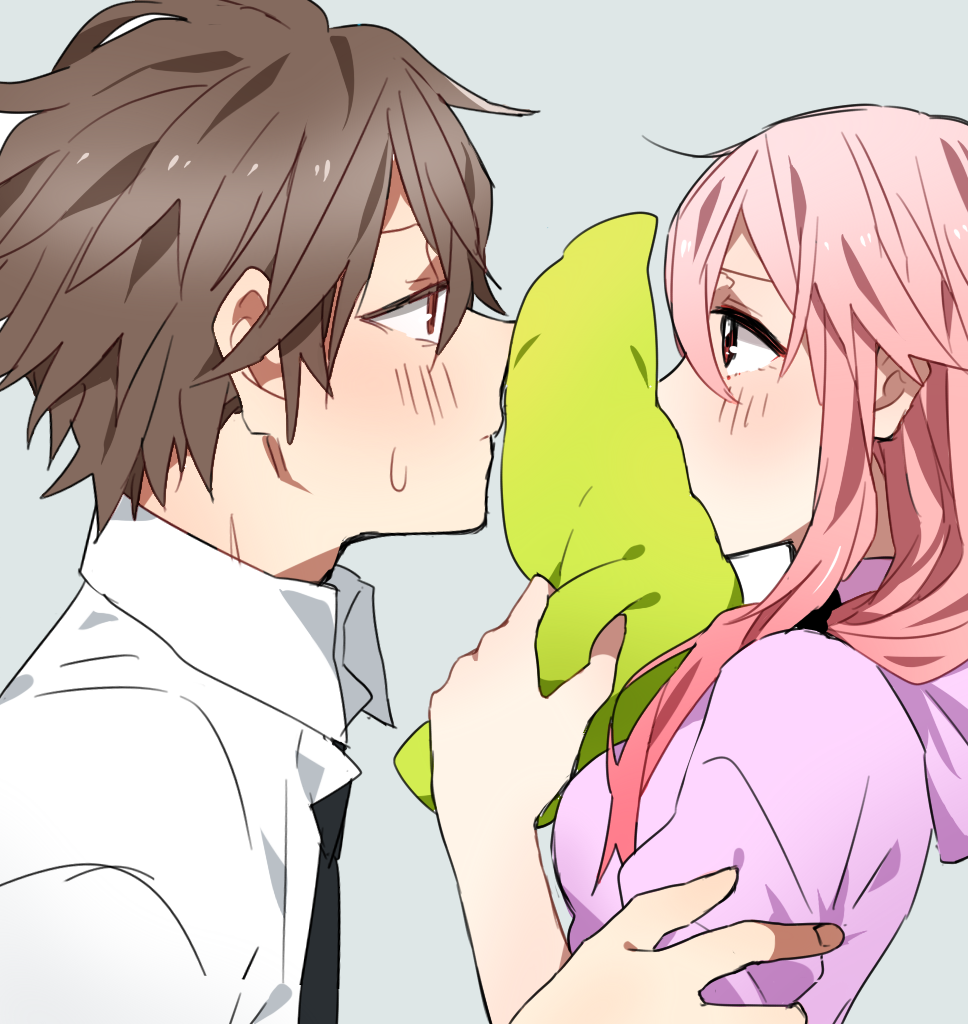 1boy, 1girl, ariilha12, blush, brown_eyes, brown_hair, guilty_crown, hair_ornament, hairclip, long_hair, ouma_shuu, pillow, pink_hair, red_eyes, short_hair, sweatdrop, yuzuriha_inori