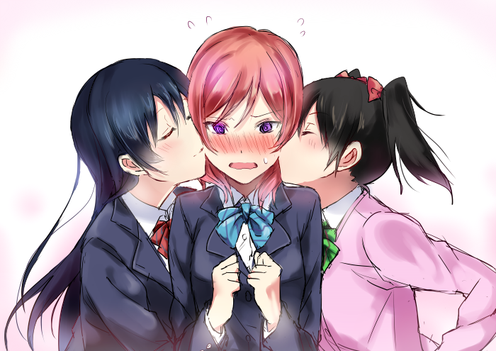 3girls, black_hair, blush, bow, cheek_kiss, closed_eyes, hair_bow, kiss