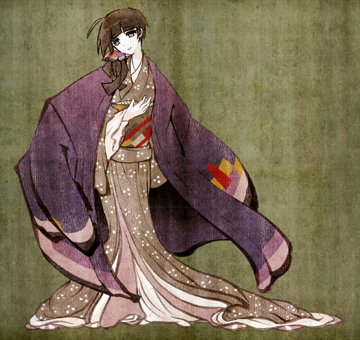 1girl, brown_hair, cloak, japanese_clothes, kimono, nihakusanren, pale_skin, personification