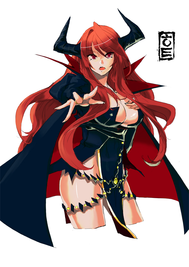 1girl, breasts, cape, cropped_legs, female, horns, large_breasts, long_hair