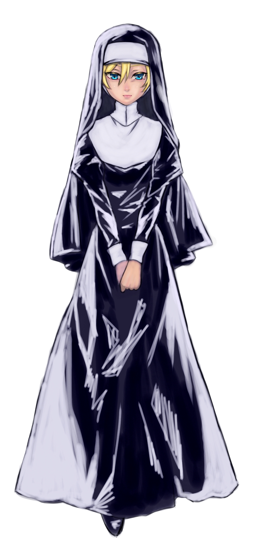 1girl, akira_(yuibnm71), blonde_hair, blue_eyes, female, full_body, habit, hands_clasped, highres, maoyuu_maou_yuusha, nun, onna_kishi_(maoyuu), solo