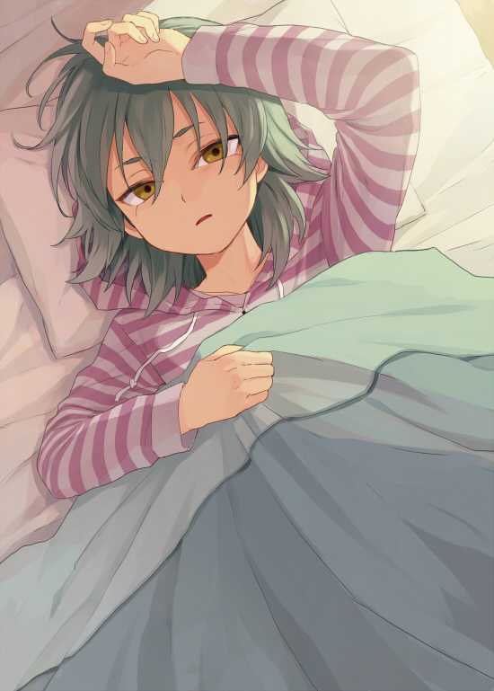1boy, aqua_hair, bed, blanket, from_above, inazuma_eleven_(series), inazuma_eleven_go, kariya_masaki