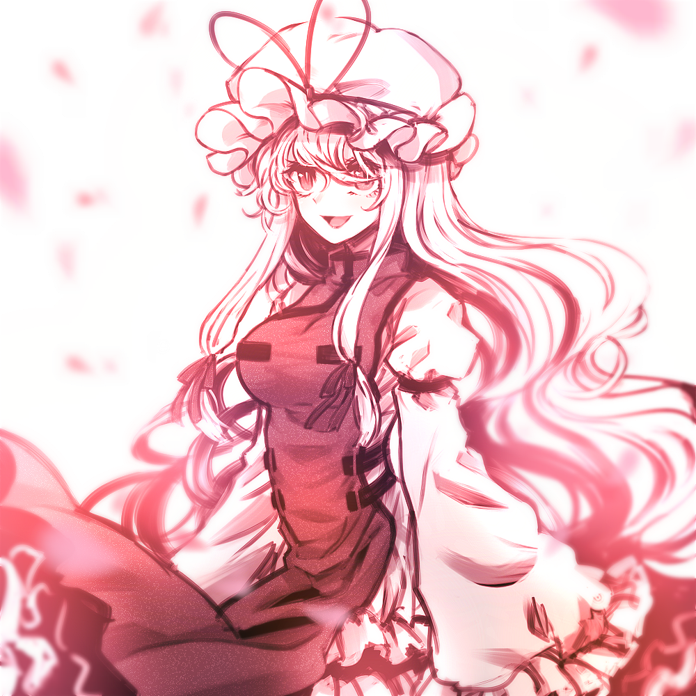 1girl, armband, bangs, breasts, chromatic_aberration, dress, frilled_dress, frilled_sleeves, frills, hair_ribbon, hat, hat_ribbon, lips, lipstick, long_hair, makeup, mob_cap, open_mouth, petals, porupu, ribbon, simple_background, slit_pupils, smile, solo, tabard, touhou, very_long_hair, white_background, white_dress, yakumo_yukari