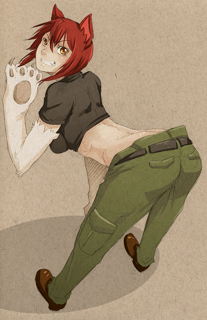 1girl, babydoll_t-shirt, bent_over, breasts, butt_crack, cargo_pants, crop_top, fang