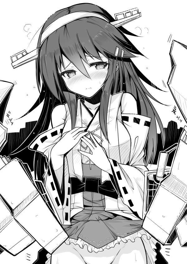 1girl, ai_takurou, bare_shoulders, blush, detached_sleeves, embarrassed, groin, hair_ornament