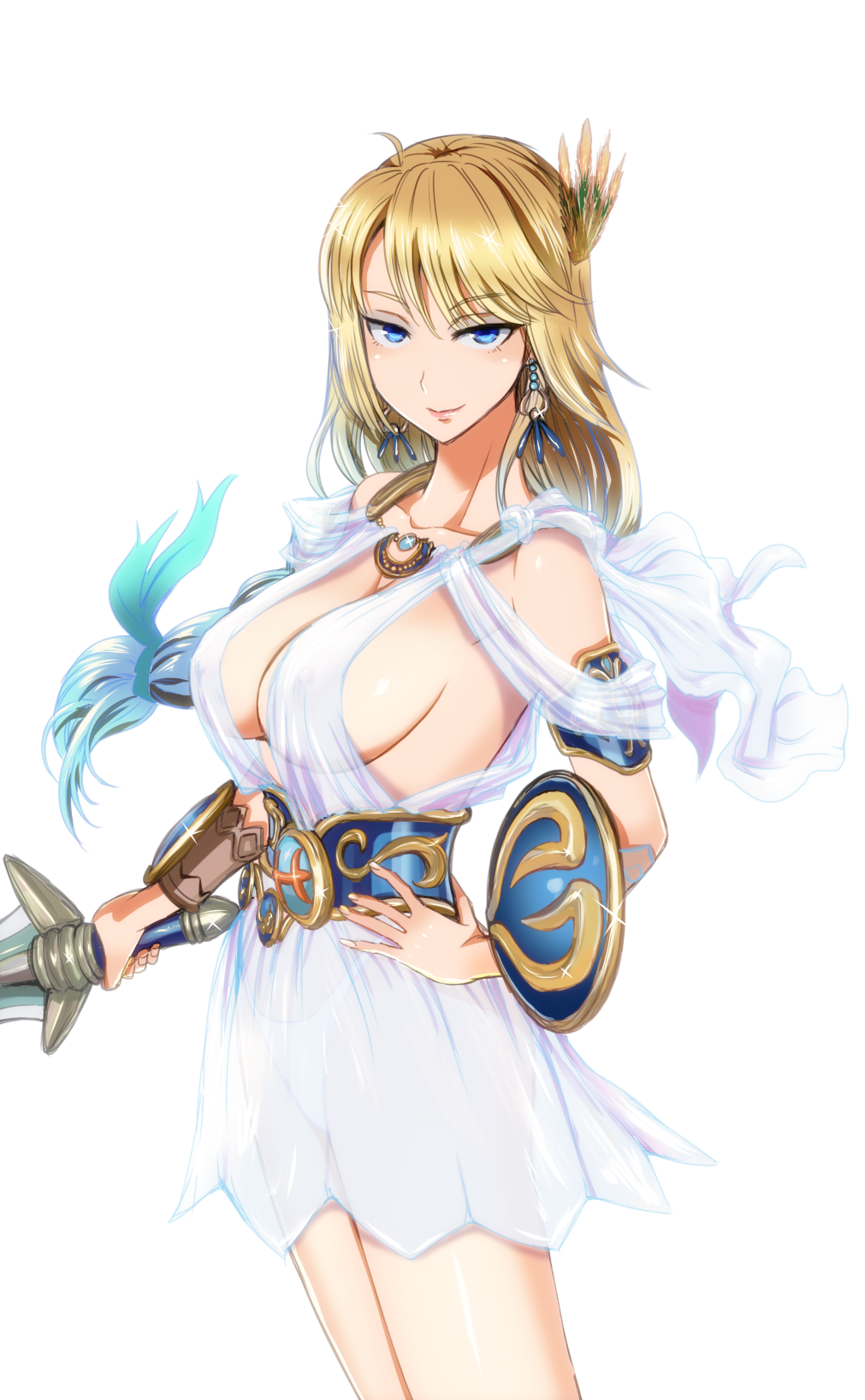 1girl, bare_shoulders, blonde_hair, blue_eyes, braid, breasts, earrings, hand_on_hip