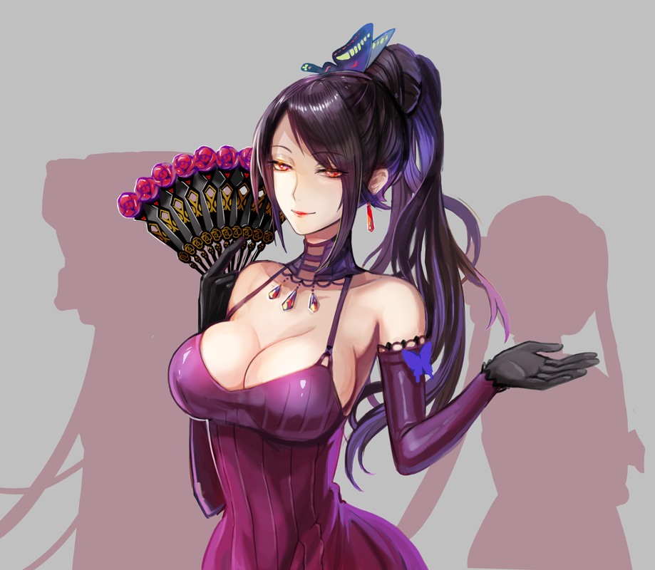 1girl, bare_shoulders, breasts, butterfly_hair_ornament, cleavage, dress, earrings, elbow_gloves, fan, gloves, hair_ornament, jewelry, kuroi, large_breasts, lipstick, long_hair, makeup, michele_malebranche, ponytail, purple_dress, red_eyes, smile, sound_horizon