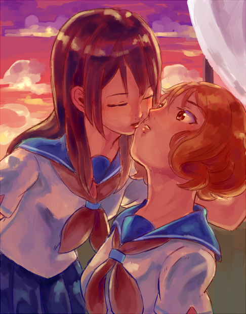 2girls, black_hair, brown_hair, candy_(founder), closed_eyes, clouds, hibike!_euphonium, incipient_kiss, kousaka_reina, multiple_girls, oumae_kumiko, school_uniform, traditional_media, watercolor_(medium), yuri