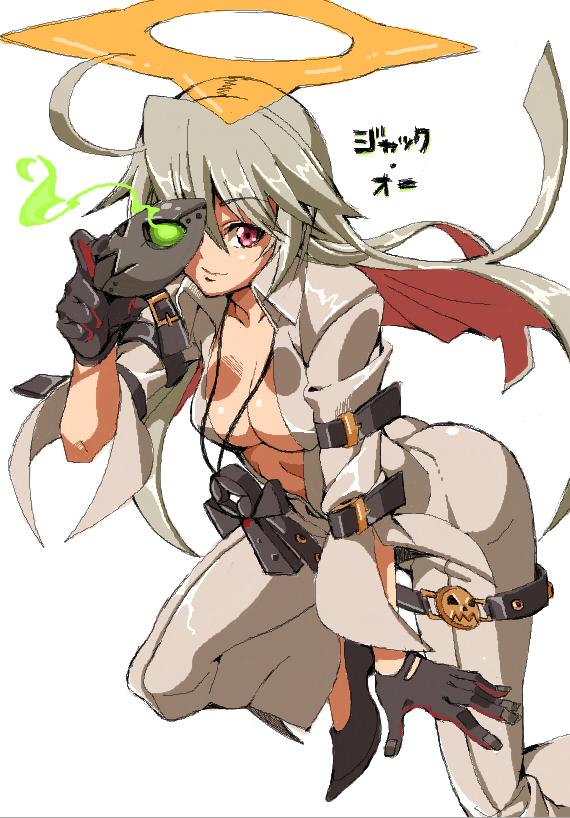 breasts, cleavage, gloves, glowing, glowing_eye, guilty_gear, guilty_gear_xrd, jack-o_(guilty_gear), jewelry, mask, multicolored_hair, necklace, red_eyes, redhead, rosary, shirorenge_(huruhuru), silver_hair, two-tone_hair, unzipped