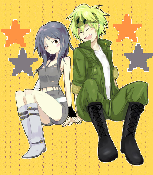 1girl, angry, black_hair, blonde_hair, blush, boots, brown_eyes, colonello