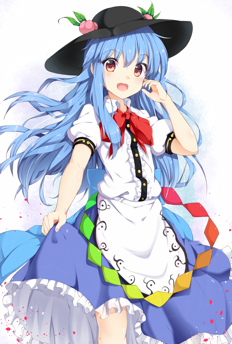 1girl, blue_hair, boushi_(nandemo), bow, food, fruit, hat, highres