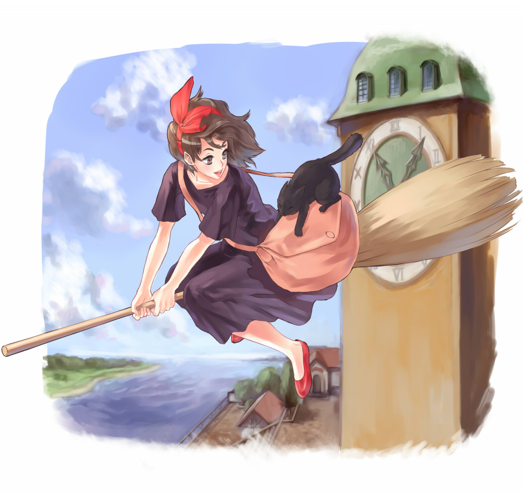 1girl, bag, black_cat, bow, broom, broom_riding, brown_eyes, brown_hair