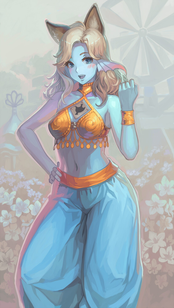 1girl, animal_ears, arabian_clothes, armlet, armor, baggy_pants, bare_shoulders, bikini_armor