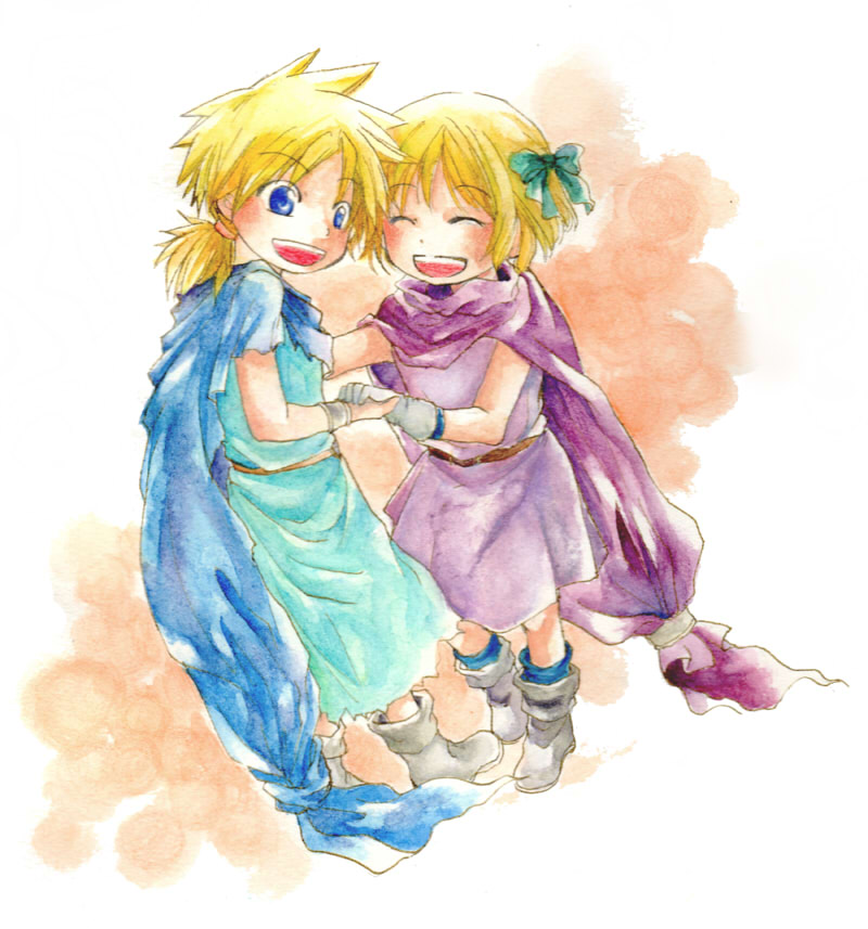 1boy, 1girl, bianca's_daughter, bianca's_son, blonde_hair, blue_eyes, blush, boots