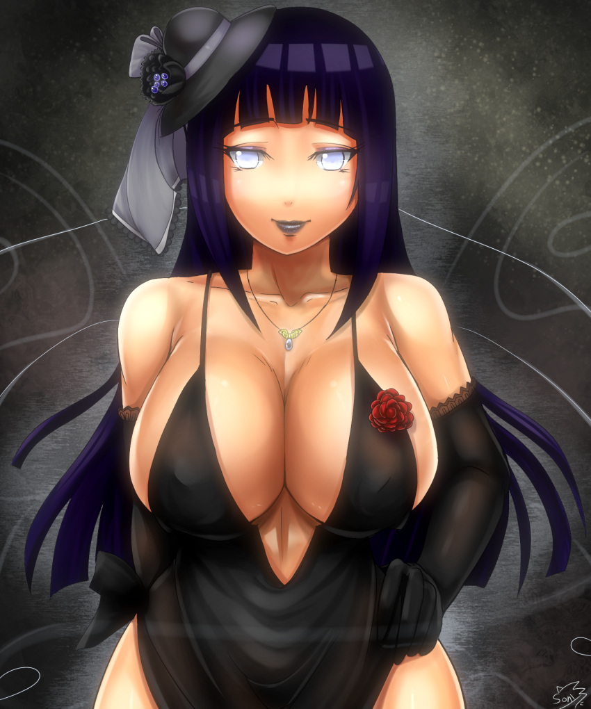 1girl, black_dress, black_hair, breasts, cleavage, dress, dress_lift, elbow_gloves