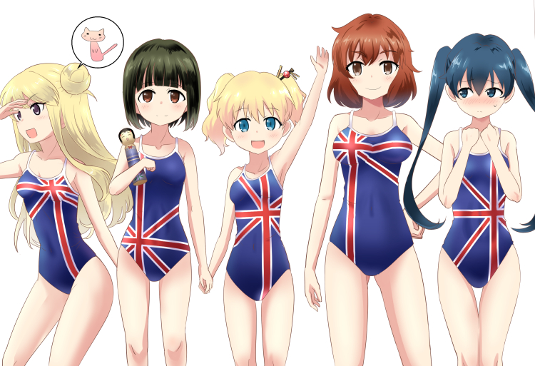 05_(passelclow), 5girls, alice_cartelet, black_hair, blue_eyes, brown_eyes, brown_hair, competition_school_swimsuit, inokuma_youko, kin-iro_mosaic, komichi_aya, kujou_karen, long_hair, multiple_girls, one-piece_swimsuit, oomiya_shinobu, school_swimsuit, short_hair, swimsuit, twintails, union_jack