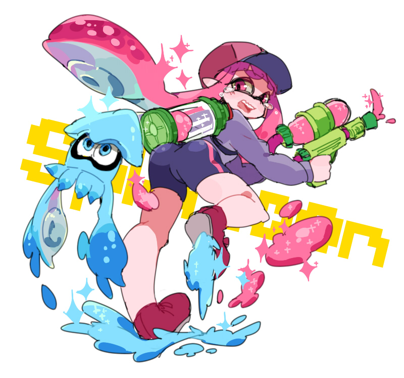 1girl, aano_(10bit), baseball_cap, bike_shorts, hat, inkling, long_hair, mask