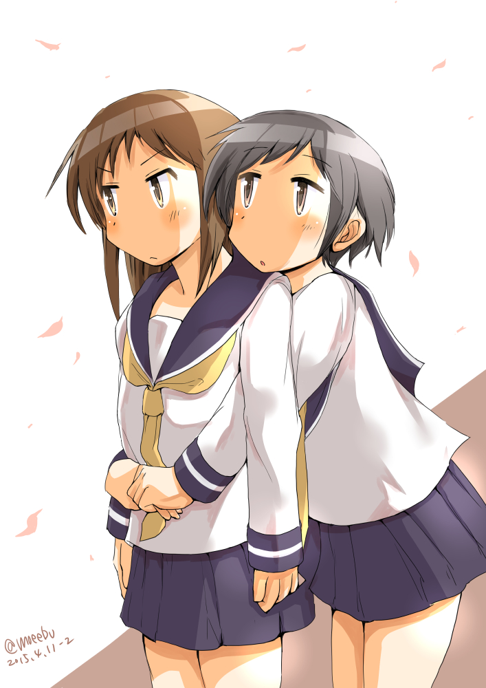 2girls, blush, brown_eyes, brown_hair, hasegawa_fumi, hug, hug_from_behind, long_hair