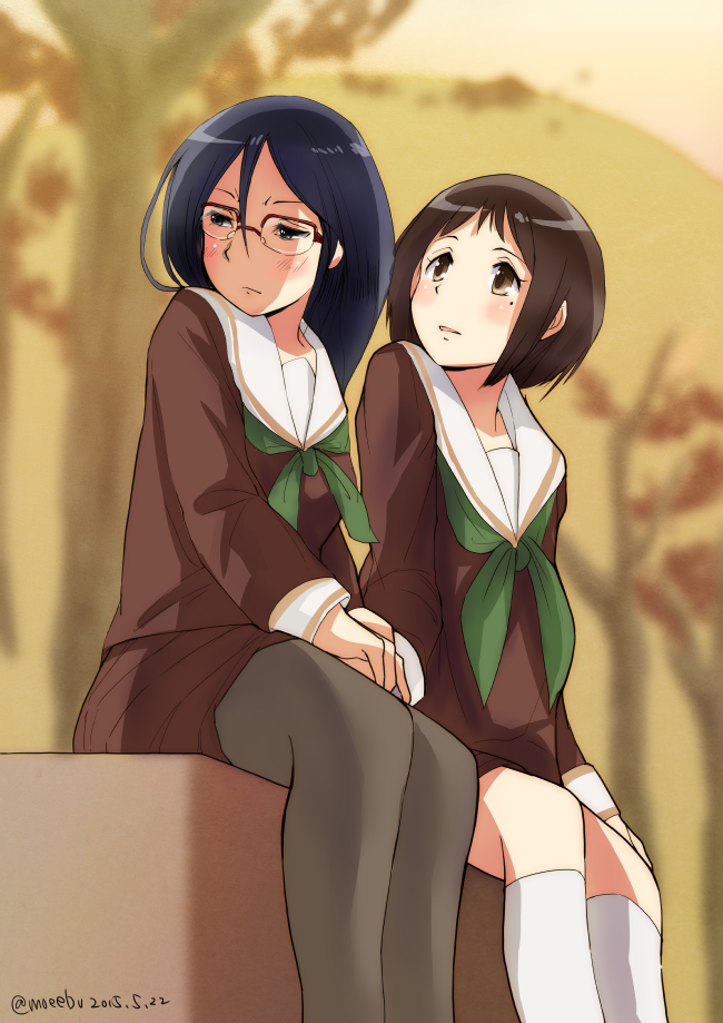 2girls, averting_eyes, blush, glasses, hibike!_euphonium, long_hair, mole, mole_under_eye