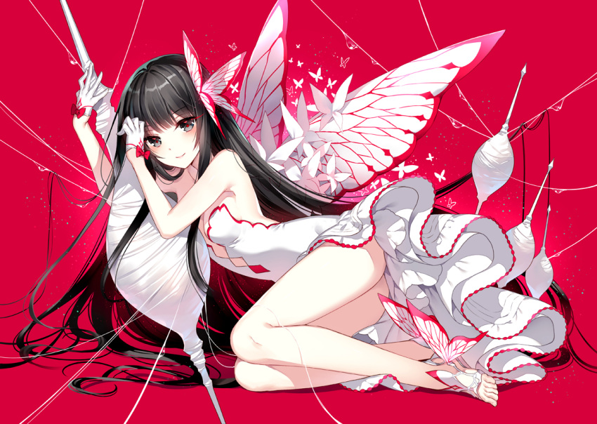 1girl, black_eyes, black_hair, butterfly, butterfly_hair_ornament, butterfly_wings, dress, gloves