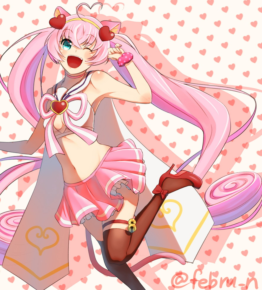 1girl, ;d, ahoge, animal_ears, aqua_eyes, breasts, cat_ears, cat_tail