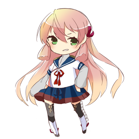 1girl, akashi_(kantai_collection), chibi, green_eyes, hair_ribbon, hip_vent, kantai_collection, koko_1224