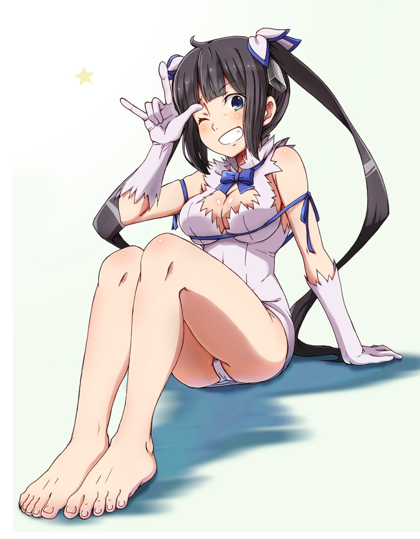 ;), akumu_(hiziiiiii), barefoot, black_hair, blue_eyes, breasts, cleavage, clenched_teeth, dungeon_ni_deai_wo_motomeru_no_wa_machigatteiru_darou_ka, feet, gloves, hair_ribbon, hestia_(danmachi), highres, legs, long_hair, looking_at_viewer, one_eye_closed, rei_no_himo, ribbon, sitting, smile, star, twintails, white_gloves