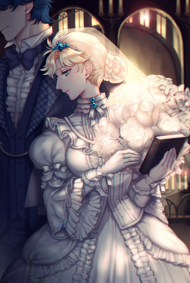 blonde_hair, blue_eyes, blue_hair, book, bouquet, bowtie, braid, bridal_veil, church, dress, erina_pendleton, flower, formal, gem, gloves, haze00, jojo_no_kimyou_na_bouken, jonathan_joestar, suit, sunlight, tiara, veil, wedding_dress, white_dress, white_gloves