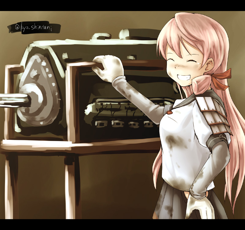 1girl, akashi_(kantai_collection), blush, breasts, closed_eyes, dirty_clothes, dirty_face, gloves