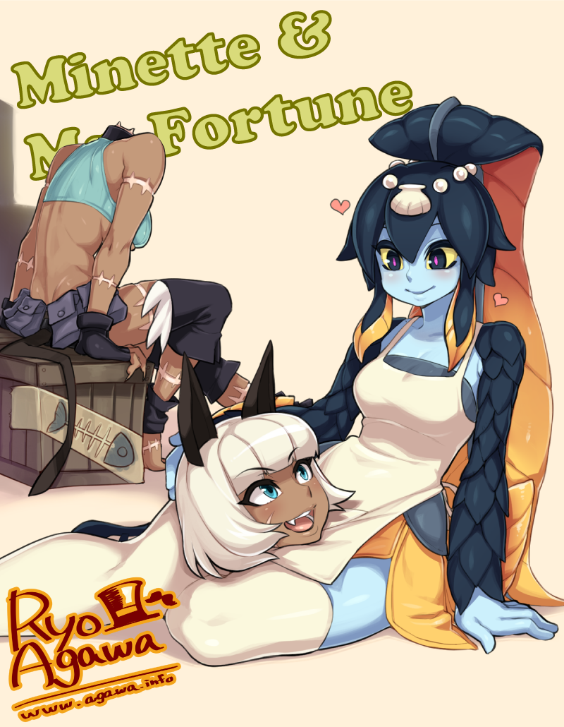 2girls, agawa_ryou, bare_shoulders, blonde_hair, blue_eyes, blue_skin, dark_background, disembodied_head, fish_girl, head_in_lap, heart, lap_pillow, minette_(skullgirls), ms._fortune_(skullgirls), multiple_girls, short_hair, skullgirls, thigh-highs, white_legwear