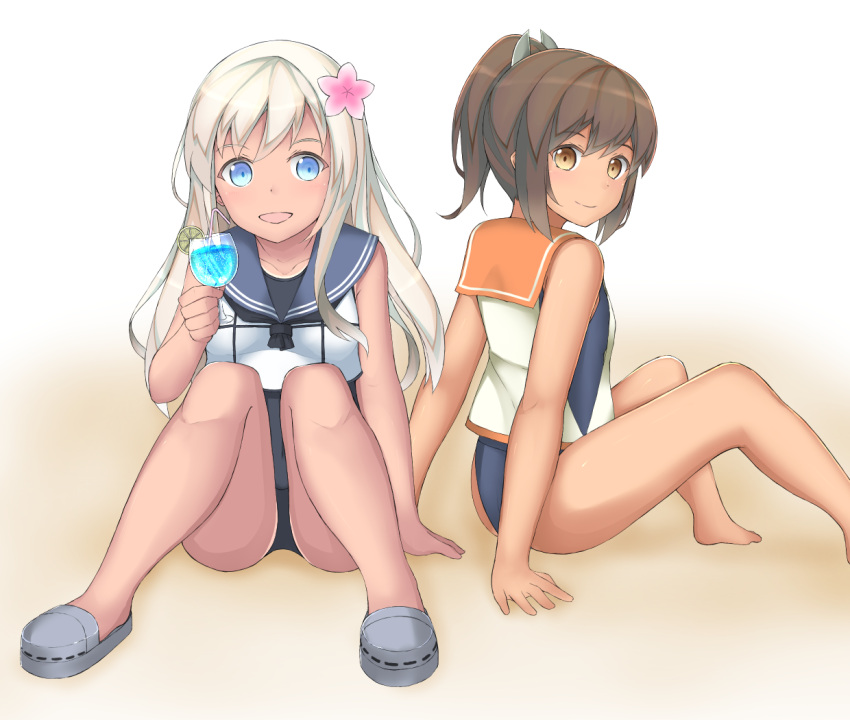 2girls, blonde_hair, blue_eyes, brown_eyes, brown_hair, butatikin, crop_top, flower