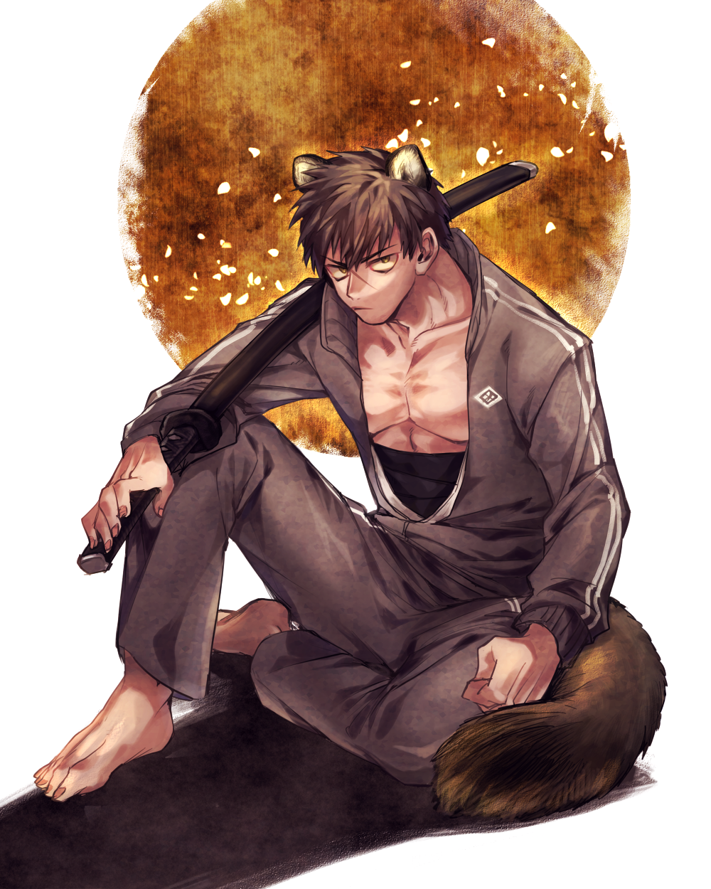 1boy, alternate_costume, amber_eyes, animal_ears, barefoot, doutanuki_masakuni, frown, highres