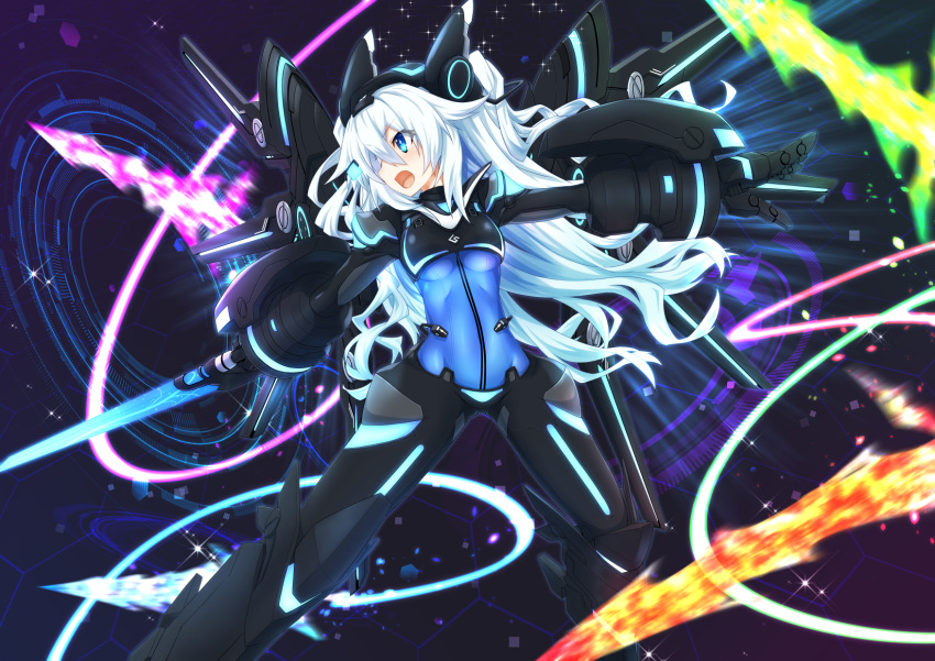 1girl, blue_eyes, bodysuit, choujigen_game_neptune, gauntlets, highres, long_hair, mizunashi_(second_run)
