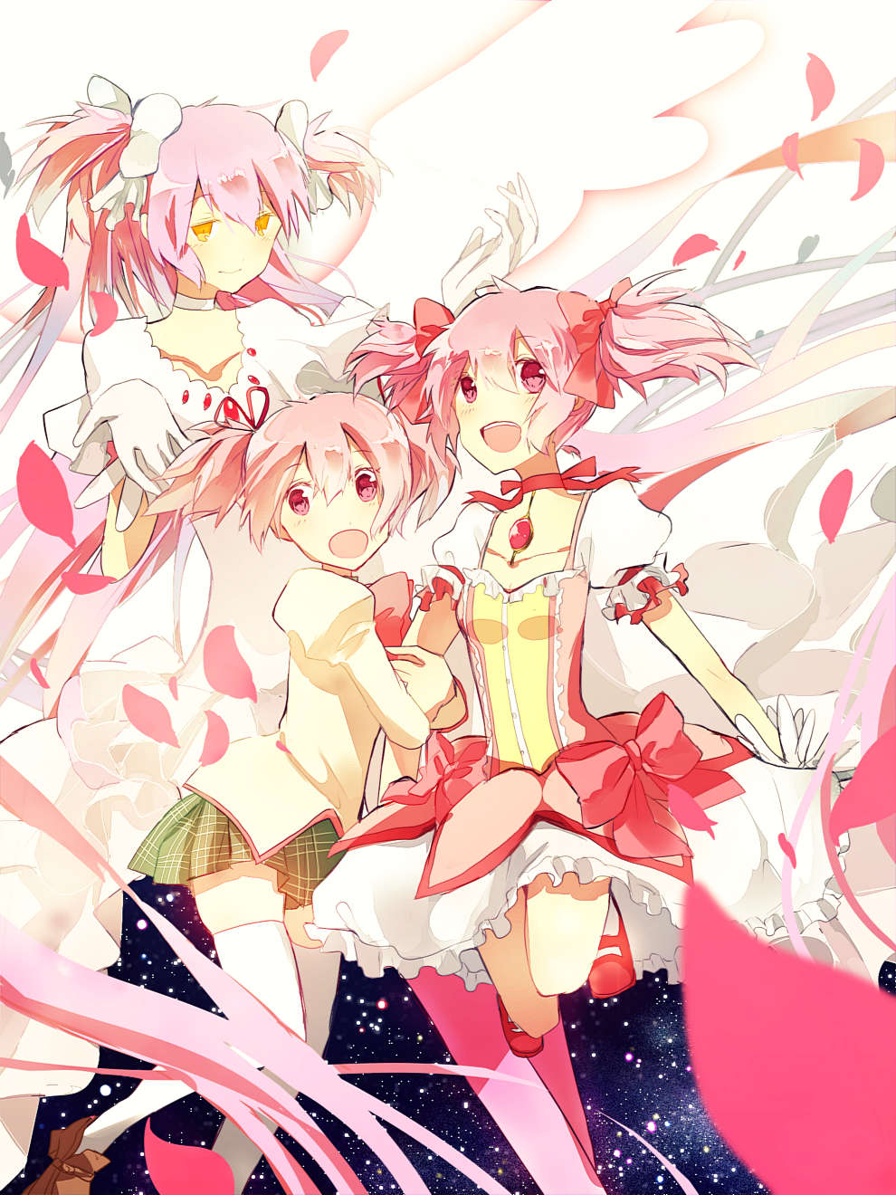 3girls, bow, bubble_skirt, dress, gloves, goddess_madoka, hair_bow, hair_ribbon