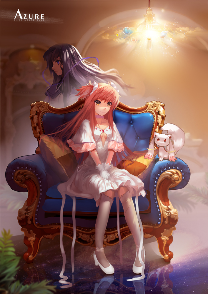 2girls, akemi_homura, armchair, bangs, black_hair, bow, chair, cleavage_cutout, cushion, dress, gloves, goddess_madoka, hair_bow, hair_ribbon, hairband, high_heels, kaname_madoka, kneehighs, knees_together_feet_apart, kyubey, light, long_hair, magical_girl, mahou_shoujo_madoka_magica, multiple_girls, payot, pink_hair, reflection, reflective_floor, ribbon, scrunchie, shoes, short_sleeves, sitting, smile, spoilers, swept_bangs, twintails, two_side_up, v_arms, violet_eyes, white_dress, white_gloves, white_legwear, white_shoes, wide_sleeves, x_x_(artist), yellow_eyes