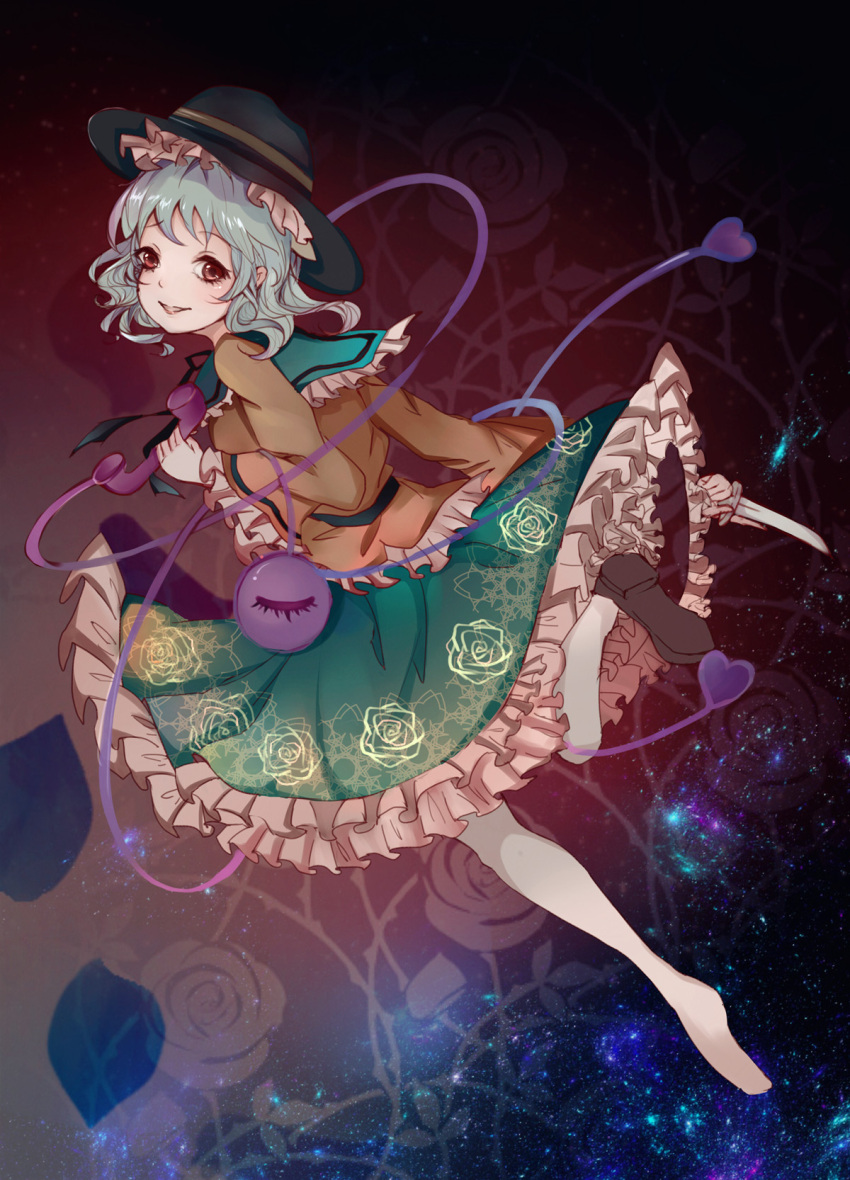 1girl, barefoot, floral_print, hat, highres, himeki, knife, komeiji_koishi
