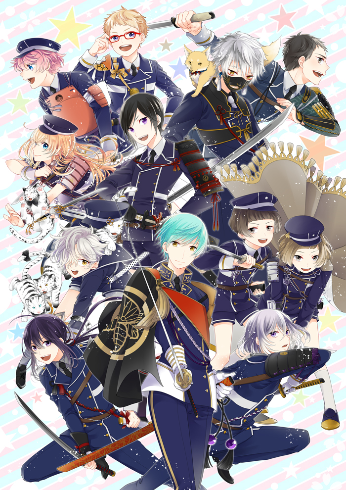 6+boys, akita_toushirou, aqua_hair, armor, atsushi_toushirou, black_hair, blonde_hair, blue_eyes