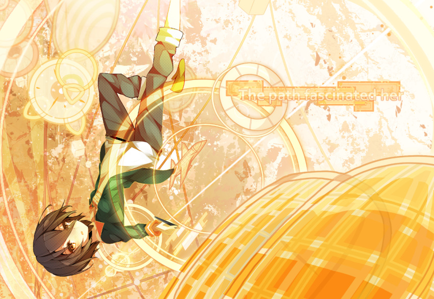 ab-ten, airplane, black_hair, capri_pants, circle, fighter_jet, floating, jacket