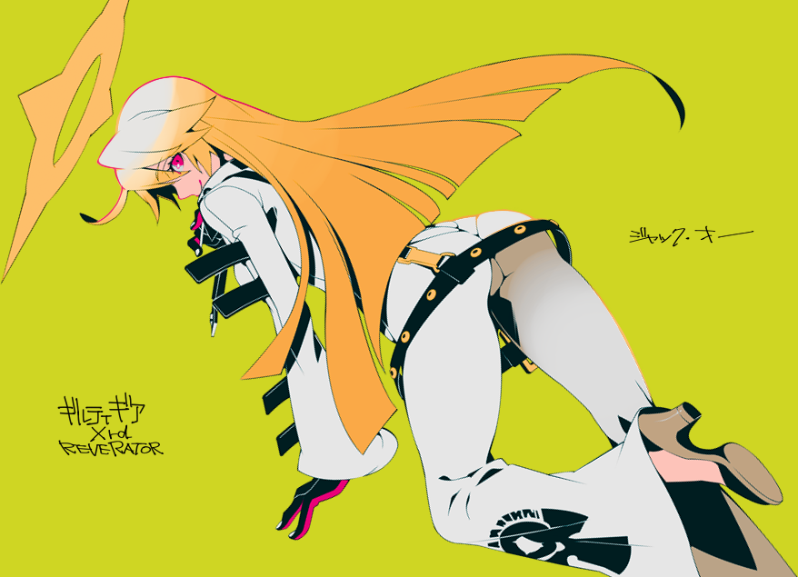 1girl, 8055, ass, black_gloves, blonde_hair, character_name, copyright_name, gloves
