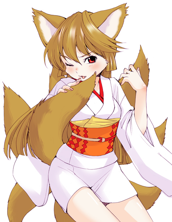brown_hair, fox_ears, fox_tail, foxgirl, inuburo, japanese_clothes, kimono, kitsunemimi