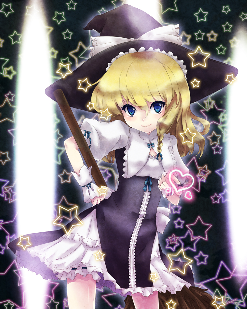 blonde_hair, blue_eyes, braid, broom, hat, heart, kirisame_marisa, kurokiri