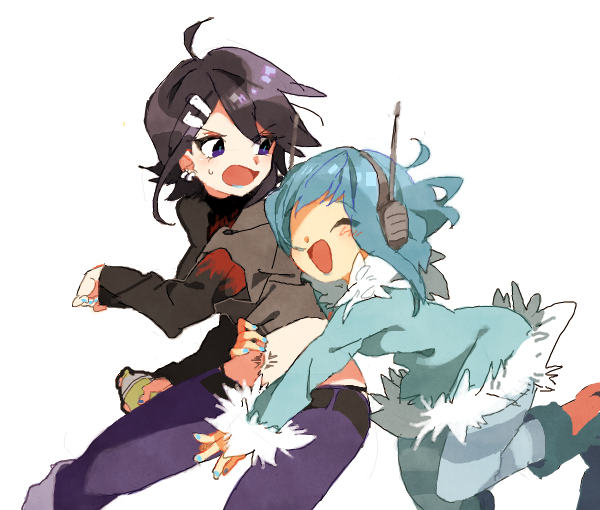 2girls, :d, bai_mei_(unko1172), belt, black_hair, blue_dress, blue_hair, blue_legwear