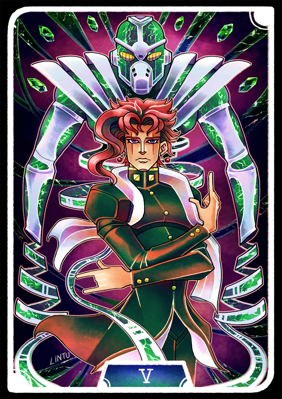 artist_name, border, earrings, gakuran, gem, hierophant_green, highres, jewelry, jojo_no_kimyou_na_bouken, jojo_pose, kakyouin_noriaki, lintufriikki, purple_background, redhead, scar, scar_across_eye, scarf, school_uniform, tarot, the_hierophant, violet_eyes