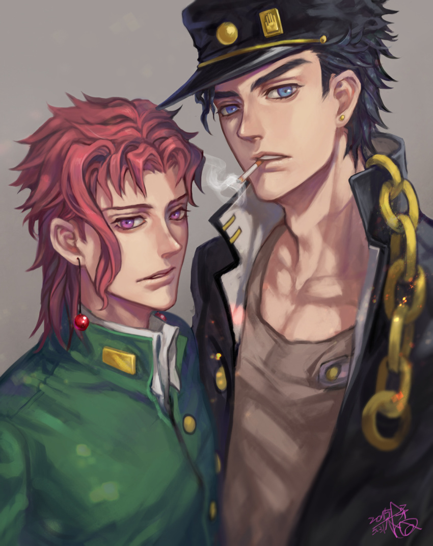 2boys, black_hair, blue_eyes, chain, cigarette, earrings, fan_ju, gakuran