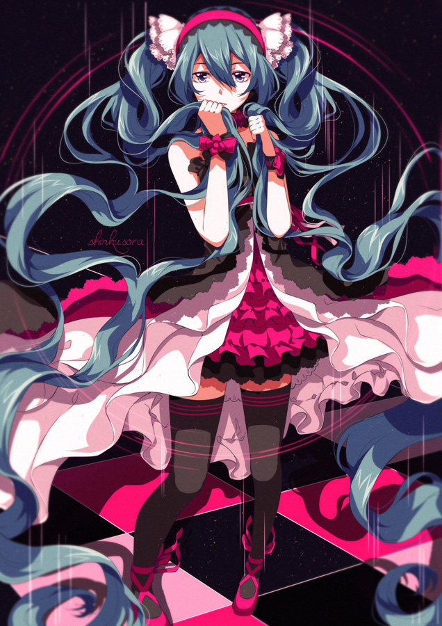 1girl, 7th_dragon, 7th_dragon_2020, 7th_dragon_2020-ii, absurdly_long_hair, dress, hair_tousle, hatsune_miku
