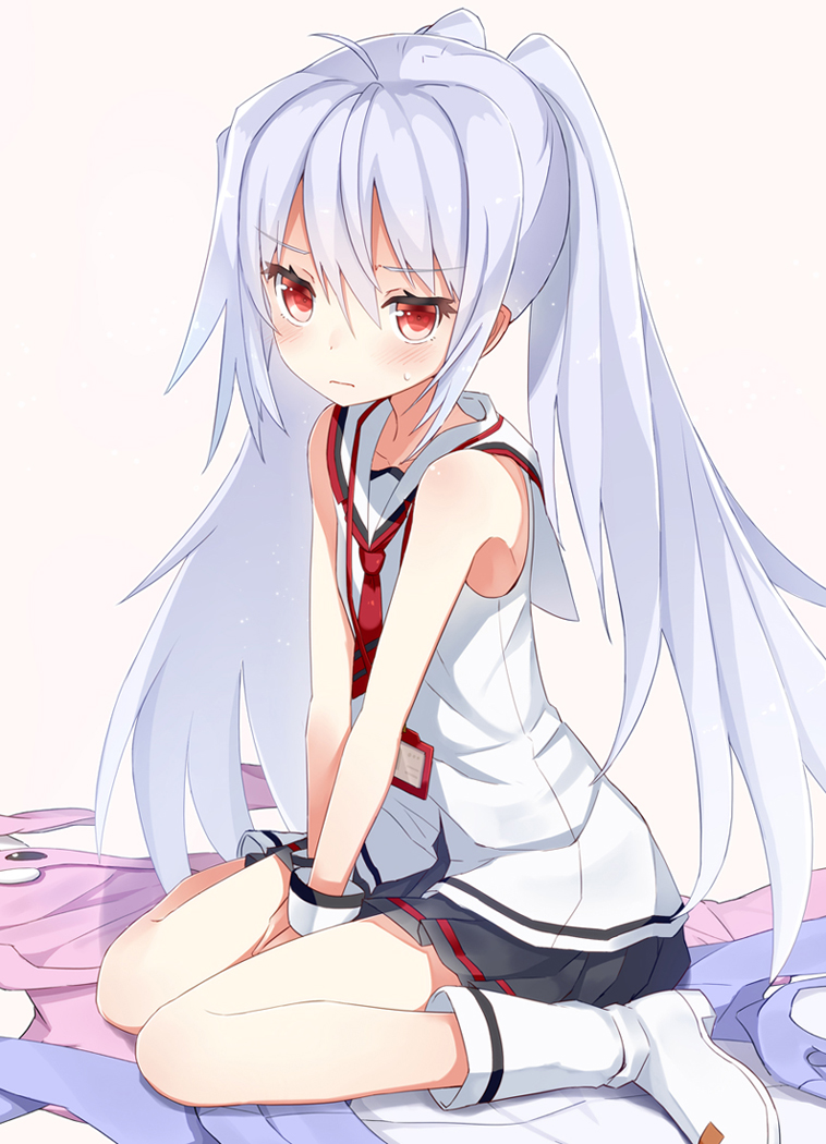1girl, ahoge, between_legs, blush, boots, hand_between_legs, isla_(plastic_memories), long_hair, looking_at_viewer, plastic_memories, red_eyes, shuuichi_(gothics), silver_hair, sitting, skirt, solo, teardrop, twintails, uniform, v_arms, wariza